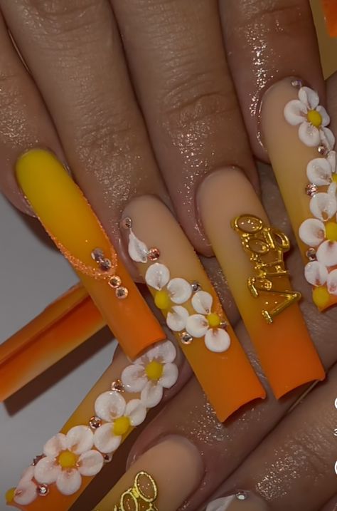 Yellow And Orange Nails, Orange Acrylic Nails, Flare Nails, Spirit Fingers, Black Nails With Glitter, Nails Flower, Nail Place, Acrylic Ideas, Shape Nails