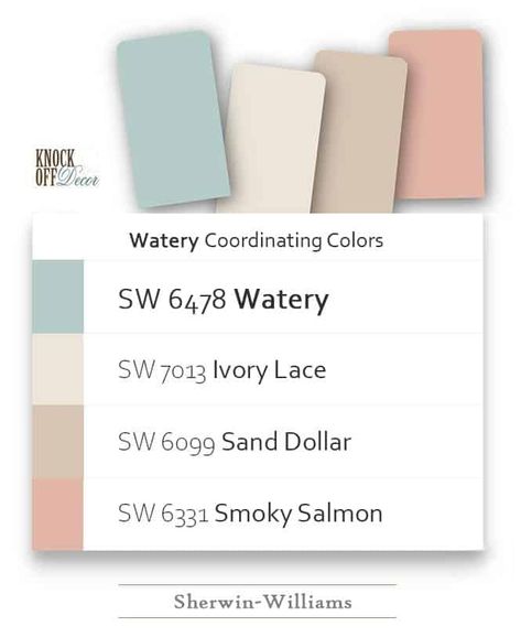 watery-coordination Sherwin Williams Spa, Sherwin Williams Watery, Aqua Paint Colors, Calming Paint Colors, Calming Coastal, Sherman Williams, Zyla Colors, Victorian Colors, Aqua Paint