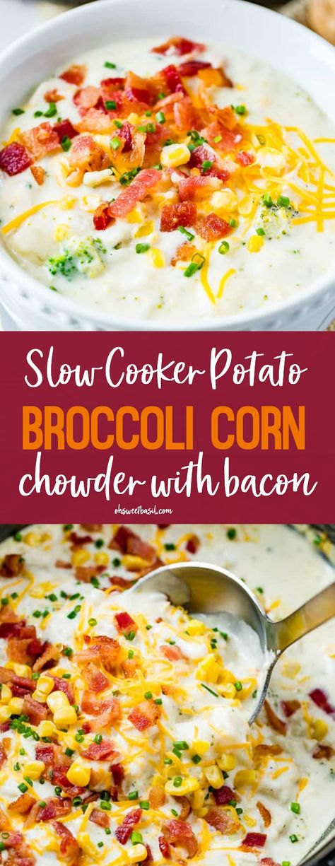 Tonight's dinner was perfect, so we couldn't wait to share this recipe for Slow Cooker Potato Broccoli Corn Chowder with Bacon! #bacon #chowder #soup #corn #potato #broccoli #slowcooker #slowcookersoup #crockpot #crockpotsoup #crockpotrecipe #recipe #easyrecipe #fallrecipe #winterrecipe Broccoli Corn Chowder, Broccoli Corn Soup, Corn Chowder With Bacon, Soup Bacon, Slow Cooker Potato, Bacon Corn Chowder, Bacon Corn, Potato Broccoli, Bacon Chowder