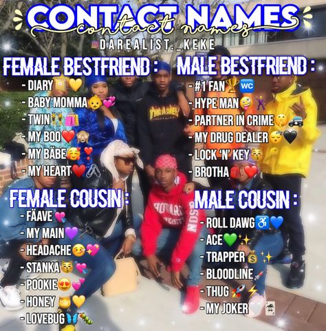 Contact Names For Stud Best Friend, Contact For Best Friend, Baddie Contact Names, Names For People In Your Contacts, Contact Names For Uncle, Hood Nickname, Contact Names For Cousin, Threads Ideas Instagram, Titles For Friends