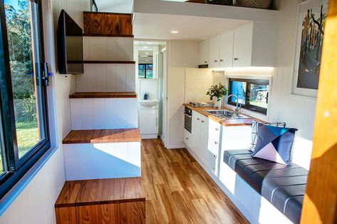 Clyde the Tiny House at Tilba Lake Camp - Tiny house for Rent in Central Tilba, NSW, AU | Riparide Recessed Porch, Spacious Tiny House, Lake Camp, House Video, Tiny House Stairs, Tiny House Talk, Tiny Houses For Rent, Under The Stairs, Tiny House Trailer