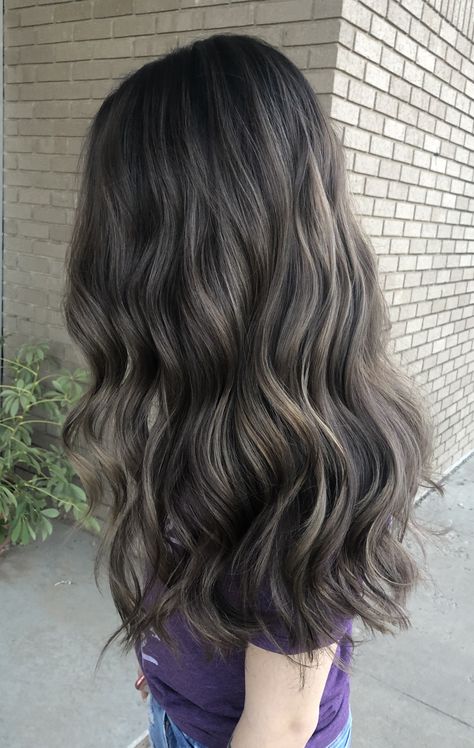 Beige Brown Balayage On Dark Hair, Dark Ash Gray Balayage, Ash Beige Balayage On Black Hair, Dark Ash Highlights On Dark Hair, Smoky Brown Hair With Highlights, Babylights Ash Brown, Ash Brown Shadow Balayage, Cool Toned Medium Brown Hair, Skeleton Brown Hair