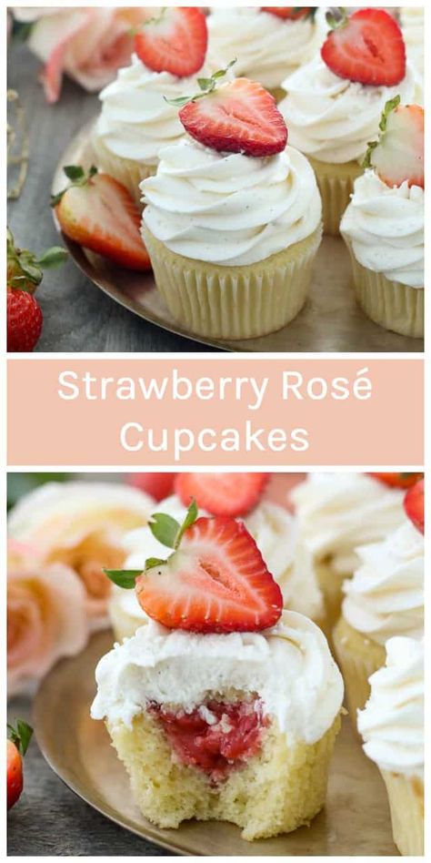 New Years Eve Dessert, Boozy Cupcakes, Rose Cupcake, Champagne Cupcakes, Strawberry Rose, Fun Cupcake Recipes, Strawberry Compote, Pear Cake, Vanilla Sponge Cake