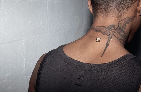 Pharrell Angel Tattoo Meaning, Guardian Angel Tattoo, Back Of Neck Tattoo, Tattoo Inspiration Men, Men Tattoos, Neck Tattoos, Stylist Tattoos, Tattoo Meaning, Angel Tattoo