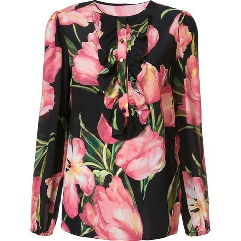 Dolce & Gabbana tulip print ruffled blouse (€890) ❤ liked on Polyvore featuring tops, blouses, black, ruffle blouse, silk top, silk blouses, long sleeve tops and silk ruffle blouse Ruffle Shirts Blouses, Frilly Shirt, Red Silk Top, Dolce And Gabbana Fashion, Flower Print Shirt, Frilly Blouse, Flower Print Blouse, Flounce Top, Tulip Print