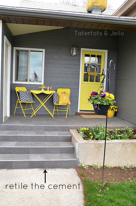 GENIUS!!! :) That is what I can do with my crumbling porch :) Yellow Front Doors, Front Porch Makeover, Balkon Decor, Concrete Patios, Gray House, Yellow Door, Building A Porch, Porch Makeover, Front Porch Ideas Curb Appeal