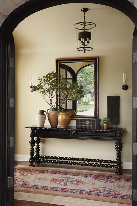 North Shore Tudor Foyer #TomStringerDesignPartners #TSDP Tudor Foyer, Foyer Ideas Entryway, Spanish Home Decor, Spanish Decor, Colonial Interior, Luxury Door, Foyer Decor, Spanish Style Home, Foyer Design