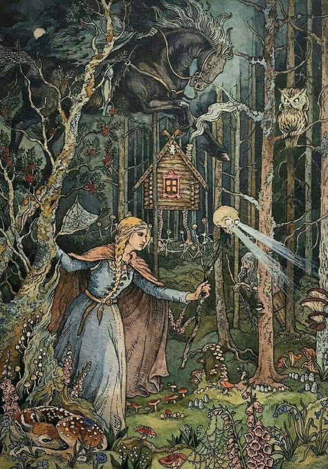 The Russian Fairy Tale of Vasilisa The Beautiful Ivan Bilibin, Baba Jaga, Slavic Folklore, Hieronymus Bosch, Baba Yaga, Fairytale Illustration, Arte Obscura, Fairytale Art, Art Et Illustration