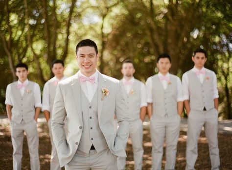 Groomsmen Khaki Wedding, Groomsmen Outfit, Groomsmen Pictures, Pastel Pink Weddings, Groomsmen Outfits, Groomsmen Photos, Pink Wedding Theme, Boda Mexicana, Ruffle Wedding Dress