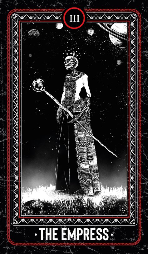 The Empress from "The Bones Arcana" Tarot set by Junaid Mortimer, @jumo.art. Etsy: JumoArt Goth Tarot Cards, The Bones Arcana Tarot, Tarot Cards Empress, The Empress Tarot Wallpaper, Tarot Cards The Empress, The Empress Tarot Art, The Empress Tarot Card Art, Skeleton Tarot Cards, Skeleton Cards