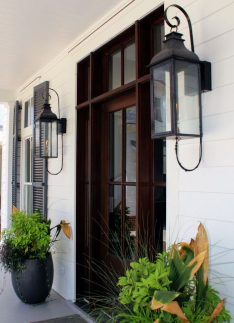 Lanterns On Front Porch, Outdoor Sconces Front Door, Front Door Lanterns, Large Outdoor Lanterns, Farmhouse Lights, Porch Lanterns, Copper Lights, Lantern Light Fixture, Front Porch Lighting