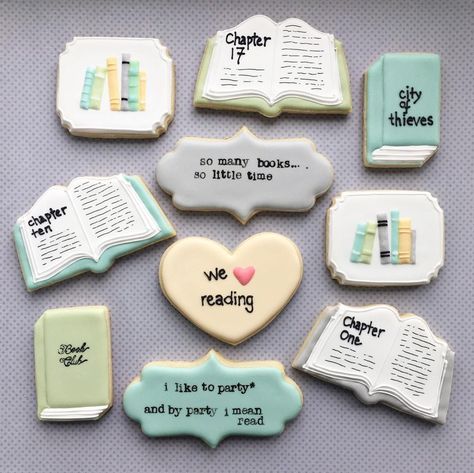 Book Cookies Ideas, Books Cookies Decorated, Book Club Hosting Decor, Library Cookies Decorated, Royal Icing Book Cookies, Book Royal Icing Cookies, Book Shaped Cookies, Book Sugar Cookies Decorated, Book Club Cookies Decorated