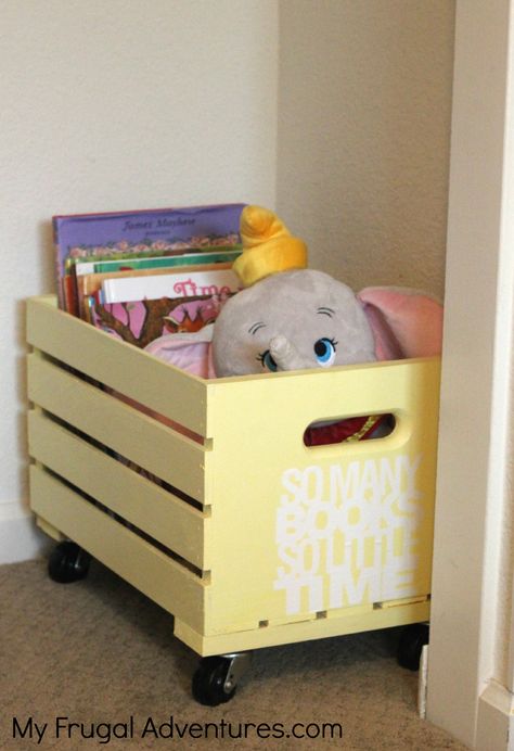 Easy DIY Rolling Toy or Book Crate {Toy Storage Idea} - My Frugal Adventures Diy Toy Storage, Storage Crate, Crate Storage, Toy Rooms, Wooden Crates, Toy Organization, Kids Storage, Kids Playroom, Kids' Room