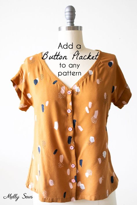 Change any shirt pattern into a button front shirt. I'll show how to draft a facing and how to add buttons to a V-neck top. Sewing Instagram, Melly Sews, Pattern Hack, Sew Ins, Gathered Dress, Blouse Diy, Sewing Pattern Design, Fashion Blouse Design, A Button