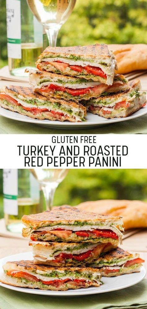 A delicious turkey pesto panini with roasted red pepper. Not in the mood to make dinner? Make this instead in under 30 minutes! Gluten free too. #glutenfree #dinner #lunch #sandwich #easy Roasted Red Pepper Panini, Turkey Pesto Panini, Best Panini Recipes, Pesto Panini, Turkey Pesto, Sandwich Easy, Gluten Free Turkey, Panini Recipes, Avocado Pesto