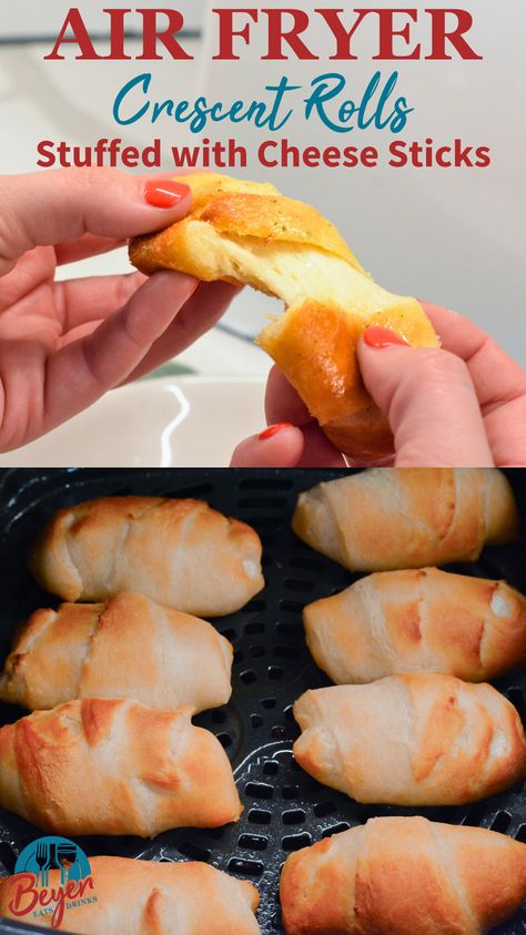 These Air Fryer Crescent Rolls are stuffed with gooey mozzarella cheese and brushed with garlic butter for a golden, crispy finish. Ready in just minutes, they’re the perfect snack or appetizer! Quick, easy, and totally delicious. Save this recipe now! #AirFryerRecipes #CrescentRolls #CheesySnacks #EasyAppetizers #QuickSnacks #PartyFood #GarlicButter Air Fryer Crescent Rolls, Cheese Stuffed Crescent Rolls, Cheesy Crescent Rolls, Working Mom Meals, Stuffed Crescent Rolls, Cheesy Snack, Cheese Crescent Rolls, Crescent Recipes, Air Fried Food