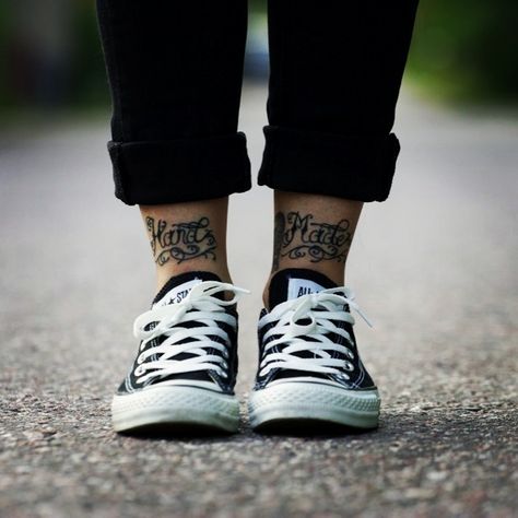 Ankle text tattoos. Hand made. Front Of Ankle Tattoo Words, Leg Tattoos Women Ankle, Small Leg Tattoos Women Ankle, Backside Tattoo, Front Ankle Tattoo, Small Leg Tattoos Women, Front Ankle Tattoos, Small Leg Tattoos, Feather Tattoo Ankle