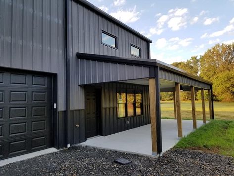 Dark Grey Shop Exterior, Modern Metal Shop Building, Charcoal Gray Metal Shop, Steel Building Color Combinations, Farmhouse Garage Ideas, Burnished Slate Metal Building, Pole Barn Colors, Garage Loft Ideas, Steel Garage Buildings