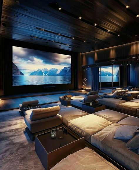 Home Theater Mansion Movie Theater, Home Movie Theater Room Ideas, Bloxburg Reference, Outdoor Theater Ideas, Modern Movie Room, Dark Modern House, Rich House, American Mansions, Luxurious Houses