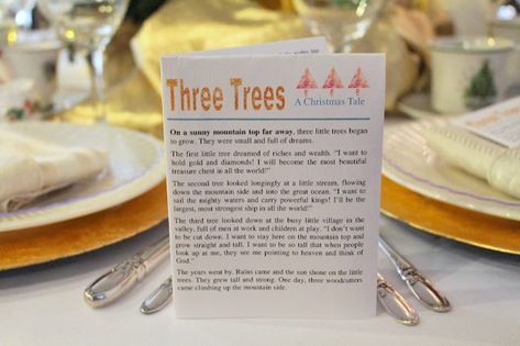 I created this Three Trees printable, based on the classic tale of the three trees that dreamed of greatness, and each went on to play a unique role in the life of Christ. My mom has always loved this story, and wanted to do a Three Trees theme for her table at our church’s Christmas Tea. Here are the pictures from the tea of how she utilized the printables. This Tale Of Three Trees, Relief Society Visiting Teaching, Trees Printable, Tree Poem, Easter Sunday School, Tree Story, Godly Play, Relief Society Activities, Life Of Christ