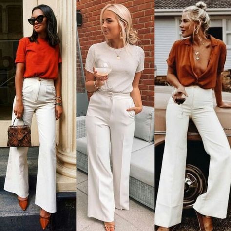 Off White Wide Leg Trousers Outfit, Midsize Flared Jeans Outfit, Cream Trousers Outfit Summer, Cream Coloured Pants Outfit, Cream Wide Leg Pants Outfits Work, Cream Coloured Jeans Outfit, White Wide Leg Trousers Outfit Classy, White Jeans Outfit Midsize, White Trousers Work Outfit