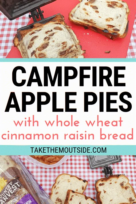 Looking for a new easy campfire recipe? Try using cinnamon raisin bread with your apple pie filling in your pie iron next time! These campfire apple pies are sure to please kids and adults alike... they're perfect for breakfast, lunch, or dinner! #campfirerecipe #campingfood Campfire Apple Pie, Whole Wheat Cinnamon Raisin Bread, Pie Iron Cooking, Hobo Pies, Campfire Pies, Easy Campfire Meals, Mountain Pies, Pie Iron Recipes, Pie Iron