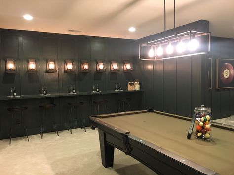 Fun drink rail bar in basement rec and game room! #mancave Drink Ledge, Game Room Drink Ledge, Pool Hall Ideas Interior Design, Game Room Bar Industrial, Finished Basement Ideas With Pool Table, Basement With Pool Table And Bar, Drink Rail, Floating Bar By Pool Table Basement, Man Cave Basement Pool Table