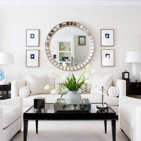 Character in Contrast - Strong contrast of light and dark keeps this monochromatic living room interesting. Mirror On The Wall, Alkaline Diet, White Living, White Living Room, Living Room Mirrors, White Furniture, Round Mirror, Design Living Room, Formal Living Rooms