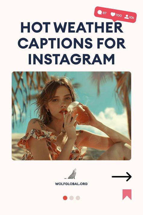 Promotional image suggesting hot weather Instagram captions, featuring a woman holding a drink.
An infographic with a list of summer-themed phrases and a call-to-action button.
A smiling woman with a laptop is featured in an advertisement for an Instagram engagement pod. Hot Day Captions Instagram, Summer Heat Captions, Hot Weather Captions, Ig Captions Summer, Weather Captions For Instagram, Hot Weather Quotes, Beat The Heat Quotes, Weather Captions, Heat Quotes