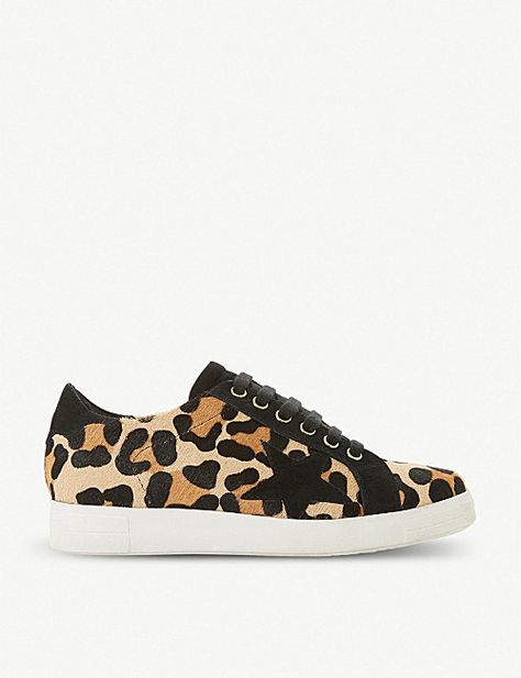 DUNE Edris leopard-print ponyhair and leather trainers Backless Loafers, Woven Sandals, Faux Leather Purse, Leather Western Boots, Leather Brogues, Embellished Sandals, Kitten Heel Pumps, Dune London, Leather Trainers