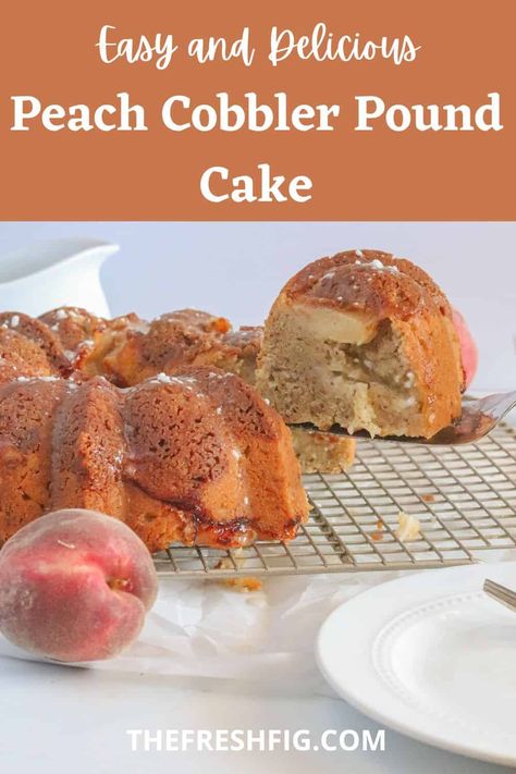 This Peach Cobbler Pound Cake is the best dessert for Summer! Full of ripe peaches and a sweet crumble topping, you won't want to miss out! Peach Cobbler Pound Cake Recipe, Peach Cobbler Pound Cake, Peach Cobbler Cake, Brown Sugar Peaches, Peach Pound Cakes, Peach Cobbler Easy, Peach Desserts, Peach Cake, Fresh Peaches