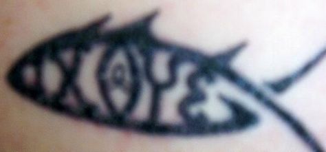 My first ever tattoo done in honour of my 40th birthday by Jody at Jonzie's Tattoo in Trenton, ON.  This is an ichthys with the Greek letters that spell out the word fish—IXOYE—forms the acrostic "Iesous, Christos, Theou, Yios, Soter" or "Jesus, Christ, God's, Son, Savior." The middle of the "O" contains a triquetra which represents "the Father, Son and Holy Spirit." My 40th Birthday, Father Son And Holy Spirit, Greek Letters, Father Son, The Father, 40th Birthday, Holy Spirit, Jesus Christ, The Middle