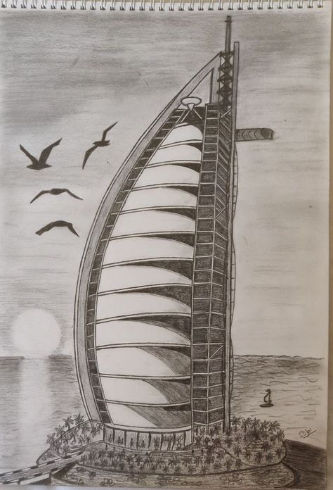 Burj Al Arab Sketch, Building Drawings Easy, Building Art Drawing Sketches, Easy Building Sketches, Building Sketches Pencil, Building Pencil Drawing, Burj Al Arab Drawing, Structural Drawing Building, Building Sketches Simple