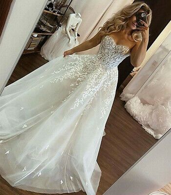 (eBay) A-line Tulle Wedding Dresses Sweetheart Lace Appliques Princess Boho Bridal Gown Kendall Huibregtse, Fairytale Wedding Dress Princesses, Disney Princess Wedding Dresses, Wedding Dresses Sweetheart, Lace Sweetheart Wedding Dress, Tulle Wedding Dresses, Boho Bridal Gowns, Fairy Tale Wedding Dress, Pretty Wedding Dresses