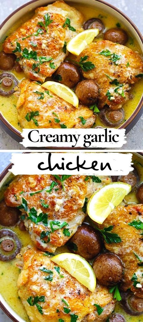 Recipes With Chicken Thighs Bone In, Creamy Garlic Mushroom Chicken, Garlic Mushroom Chicken, Bone In Chicken Recipes, Chicken With Mushrooms, Creamy Garlic Mushrooms, Creamy Garlic Chicken, Easy Chicken Thigh Recipes, Pressure Cooker Chicken