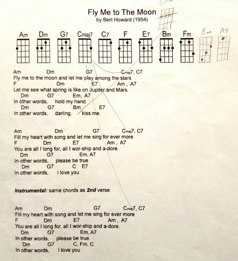 Fly me to the moon Akordy Na Ukulele, Ukelele Chords Ukulele Songs, Ukulele Fingerpicking, Ukulele Songs Beginner, Easy Ukulele Songs, Ukulele Chords Songs, Uke Songs, Guitar Tabs Songs, Acoustic Guitar Music