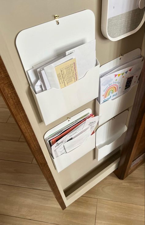 Hanging file folders on a pull out bulletin board as the family command center. Incoming Mail Organization, Wall Mounted File Holder, Paper Holder Organizer, Hanging Paper Organizer, How To Organize Receipts, Wall Mounted File Organizer, Refrigerator Magnets Organization, How To Organize Mail, Kitchen Mail Organization