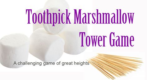 Toothpick Marshmallow Tower Game - Kid's Party Game. See who can build the tallest marshmallow toothpick tower. Be fast and creative to win this game. Marshmallow Tower With Toothpicks, Toothpick Tower, Marshmallow Toothpick, Marshmallow Tower, Marshmallow Games, One Minute Party Games, Marshmallow Challenge, Work Team Building, Dr Ideas