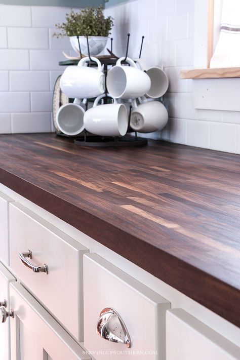 See how I protect my butcher block countertops and keep them looking beautiful! Make Butcher Block Countertops, How To Make Butcher Block Countertops, Butcher Block Countertops Kitchen, Kitchen Remodel Countertops, Wooden Countertops, Outdoor Kitchen Countertops, Kitchen Countertop Materials, Kitchen Counter Top, Granite Countertops Kitchen