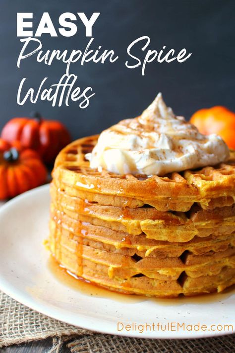 Pumpkin Spice Waffles - Delightful E Made Easy Weekday Breakfast, Pumpkin Waffles Recipe, Desserts Pumpkin, Pumpkin Spice Waffles, Waffles Breakfast, Thanksgiving Morning, Waffle Iron Recipes, Pumpkin Sheet Cake, Pumpkin Breakfast