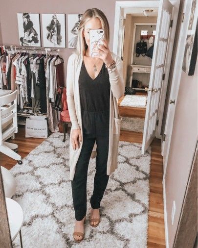 Black jumpsuit  Long light weight cardigan  Strappy block heel  @liketoknow.it #liketkit http://liketk.it/2CCj0 #LTKstyletip #LTKspring #LTKsalealert #LTKshoecrush #LTKunder100 #LTKunder50 Jumpsuit Cardigan Outfit, Black Jumpsuit With Cardigan, Jumpsuit Outfit With Cardigan, Jumpsuit With Sweater, Black Jumpsuit Outfit Ideas, Romper With Cardigan, Jumpsuit With Cardigan, Casual Black Jumpsuit, Black Jumpsuit Outfit