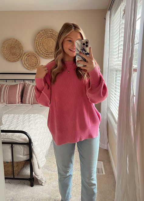 Aerie Beyond Sweater, Aerie Pink Sweater, Bright Pink Sweater Outfit, Pink Sweater Outfits, Pink Sweater Outfit, Bright Pink Sweater, Spring Sweater Outfits, Teacher Fits, Cute Sweater Outfits