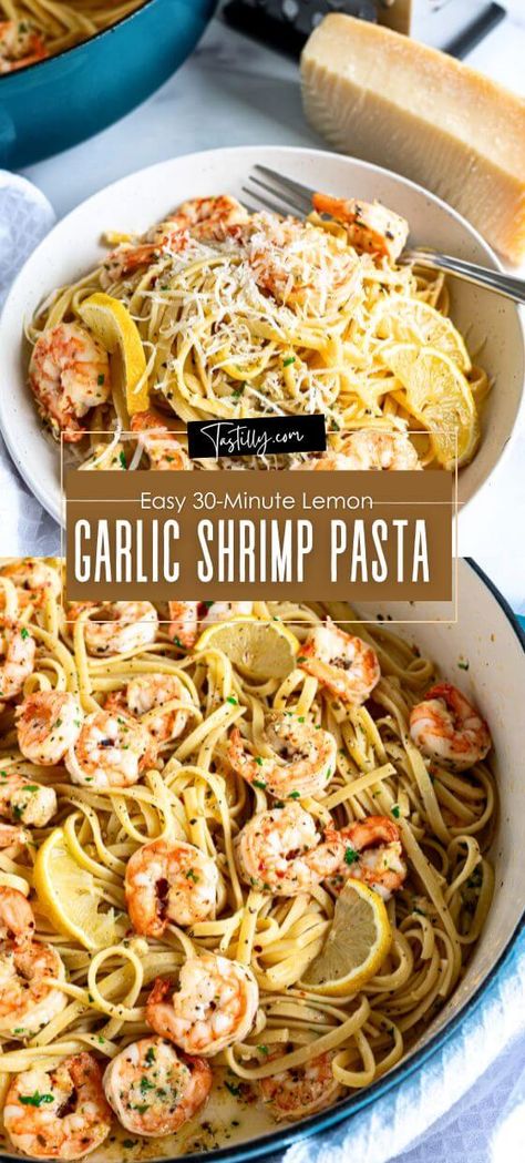 Easy 30-Minute Lemon Garlic Shrimp Pasta – Tastilly Pasta For Seafood, Lemon Garlic Shrimp Linguini, Scrimp Scampi, Pasta Shrimp Recipes, Shrimp Scampi Linguine, Shrimp Pasta Dishes, Lemon Shrimp Pasta, Easy Honey Garlic Chicken, Shrimp Pasta Recipes Easy