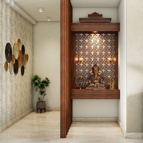 Wall Mandir, Pooja Cabinet, Hall Room Design, Prayer Altar, Small Room Interior, Pooja Door Design, Hall Room, Mandir Design, Temple Design For Home