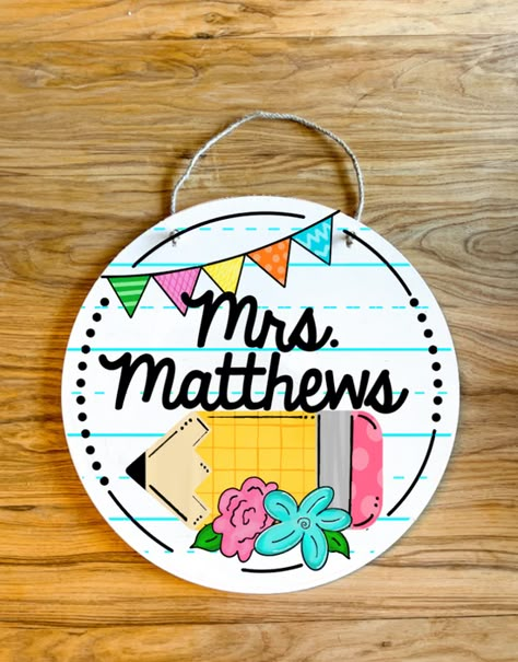 classroom decor classroom sign pencil custom wood sign Round Teacher Door Signs, Round Teacher Door Hanger, Pencil Apple, Classroom Door Signs, Teacher Door Signs, Teacher Door Hangers, Teachers Room, Appreciation Gifts Diy, Teacher Name Signs