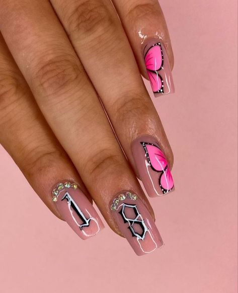 Pink Chrome Butterfly Nails, Birthday Nails White, 18th Nails, 18th Birthday Nails, Birthday Nails Pink, Acrylic Nails Birthday, Nails White Tip, Pink Butterfly Nails, Nails Pink Acrylic