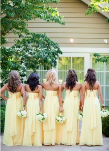 Yellow for my bridesmaids? Hmmm. Idk. I'm torn because he wants the wedding in February. But red doesn't seem appropriate for a wedding. Maybe a pale pink? :] There's a fine line between ugly pink bridesmaids dresses and a tasteful pink dress. Trajes Country, Yellow Bridesmaid, Yellow Bridesmaid Dresses, Yellow Dresses, Yellow Bridesmaids, Pink Dresses, Yellow Wedding, Bridesmaids And Groomsmen, Wedding Wishes