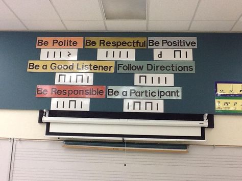 What a smart idea and a great way to introduce rules. . .I have used this same concept in the past to teach students my name.  I write it on the board in "musical code" (aka stick notation) and then we work to decode it together. Music Classroom Rules, Music Classroom Management, Music Bulletin Boards, Music Classroom Decor, Music Rules, Elementary Music Class, Music Teaching Resources, Elementary Music Education, Future Music