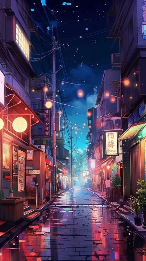 Aesthetic Japanese Street Lofi Wallpaper - Step into the urban nightscape with our collection of lo-fi street scenes and neon lights wallpapers. Featuring vibrant neon signs, moody city streets, and atmospheric alleyways, these wallpapers will create a captivating and cinematic look for your screen Anime Street Aesthetic Wallpaper, Anime Scenes Wallpaper, Japan Street Aesthetic Wallpaper, Rain Lofi Aesthetic, Japanese City Wallpaper, Japanese Street Wallpaper, Japanese Streets Aesthetic, Anime City Art, Lofi Vibes Wallpaper