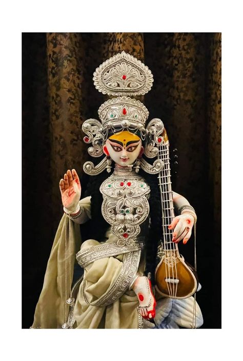 Saraswati Goddess Idol, Ma Saraswati, Devi Saraswati, Laxmi Goddess, Saraswati Picture, Laxmi Mata, Puja Decor, Saraswati Idol, Jamini Roy